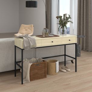 Console design industriel 3 tiroirs structure piètement acier noir panneaux aspect bois clair