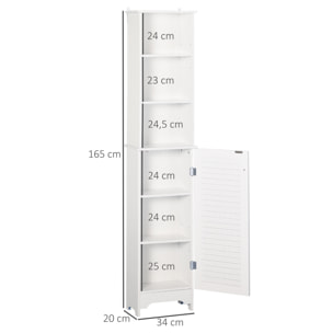 Armario Alto de Baño con 1 Puerta 3 Estantes Abiertos y Balda Interior Ajustable Mueble Auxiliar de Almacenaje para Salón Aseo Dormitorio 34x20x165 cm Blanco