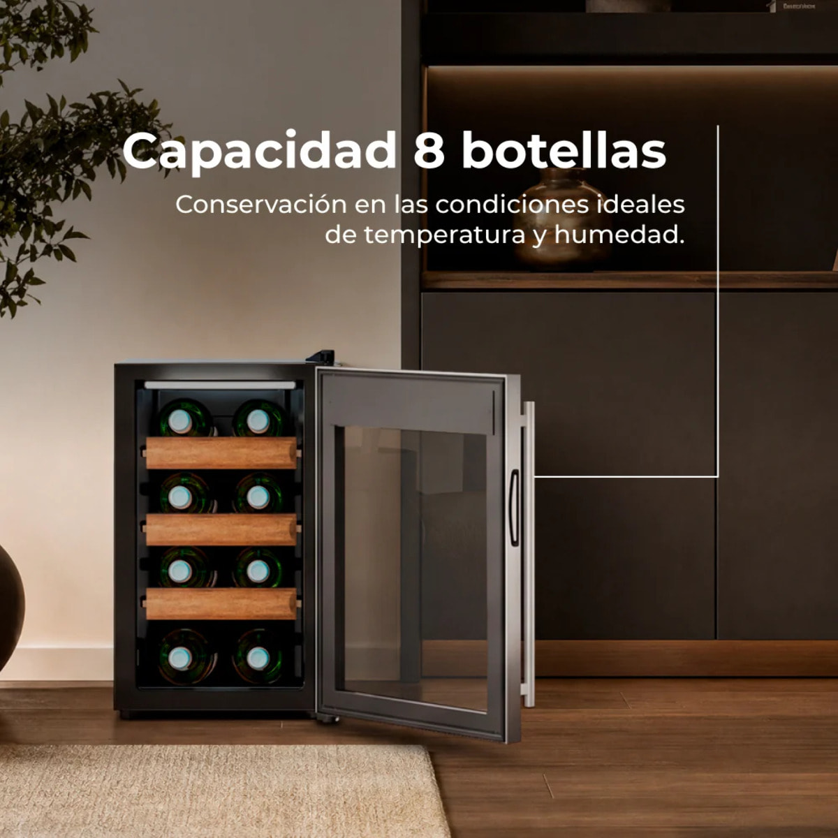 EVVO Vinoteca para 8 botellas VT8 Inox, termoeléctrica, 8–18ºC regulable, ultra silenciosa 35 dB, panel táctil, luz LED interior