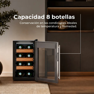 EVVO Vinoteca para 8 botellas VT8 Inox, termoeléctrica, 8–18ºC regulable, ultra silenciosa 35 dB, panel táctil, luz LED interior