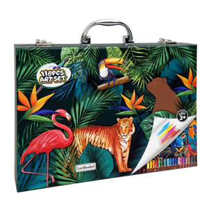 Maletin bellas artes 118 piezas con lapices y rotuladores, acuarelas, ceras pastel, pinceles y accesorios. Diseño jungla.
