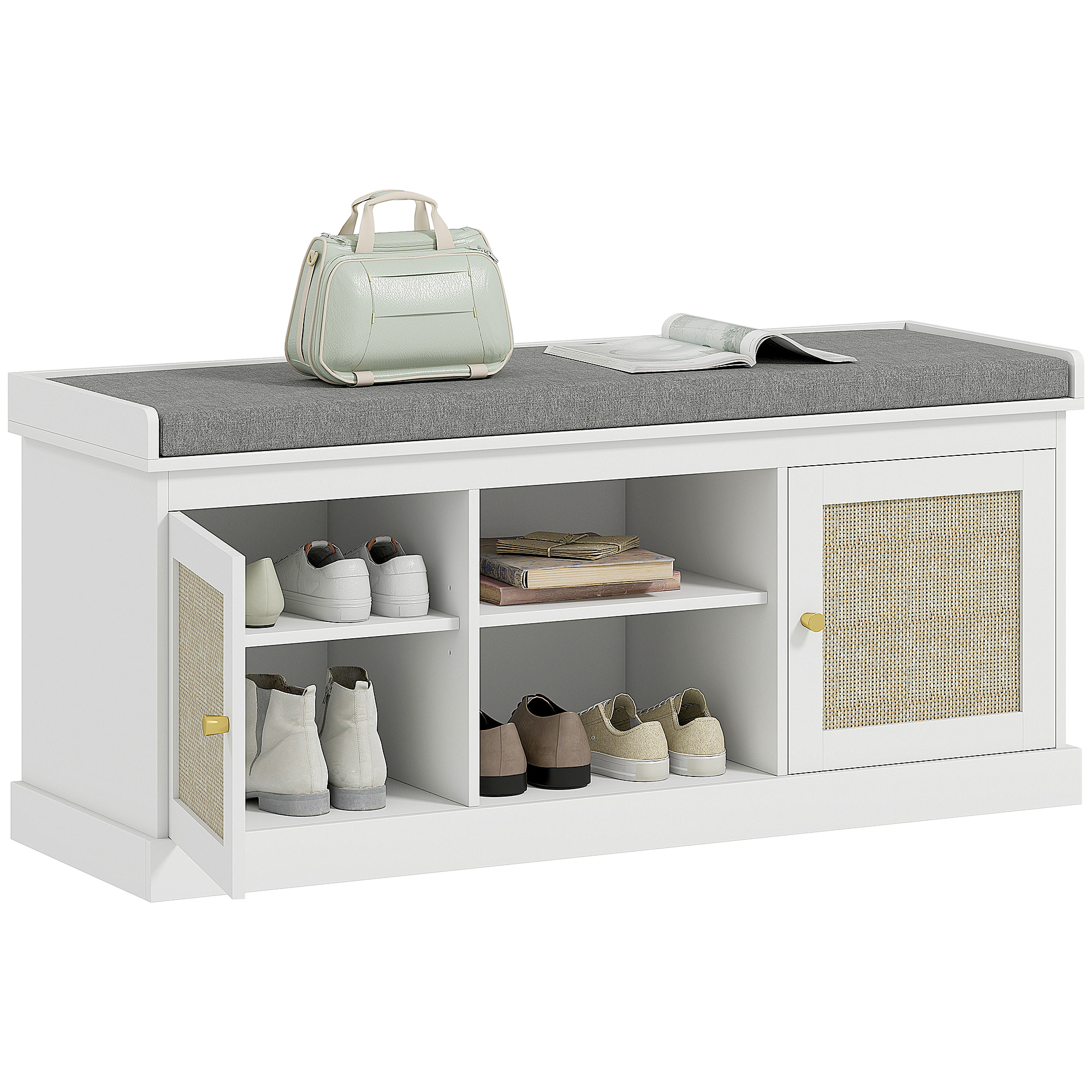 Banco Zapatero Mueble Zapatero Banco Recibidor Bohemio con Asiento Acolchado Puertas Frentes de Ratán Estante Abierto Estante Ajustable para 9 Pares de Zapatos para Entrada 105x35x47 cm Blanco