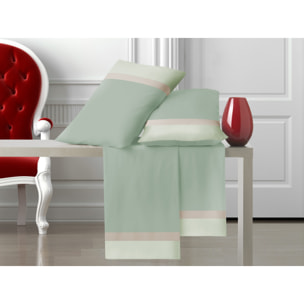 Completo letto doppia balza RASO IPERSAN Puro Cotone Verde/Panna fondo Salvia