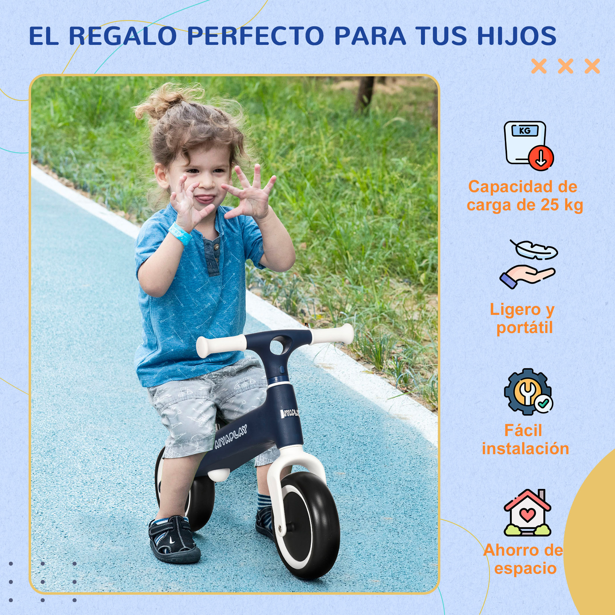 Bicicleta sin Pedales para Niños de 18-36 Meses Bicicleta de Equilibrio con Asiento Ajustable en Altura Carga 25 kg 67,5x32x44 cm Azul