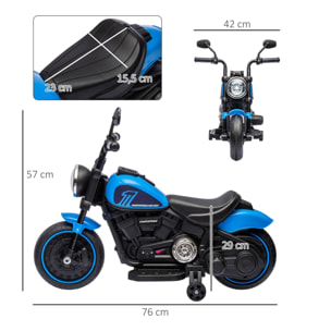 Moto électrique enfant 6 V 3 Km/h effet lumineux roulettes amovibles repose-pied pédale métal PP bleu noir