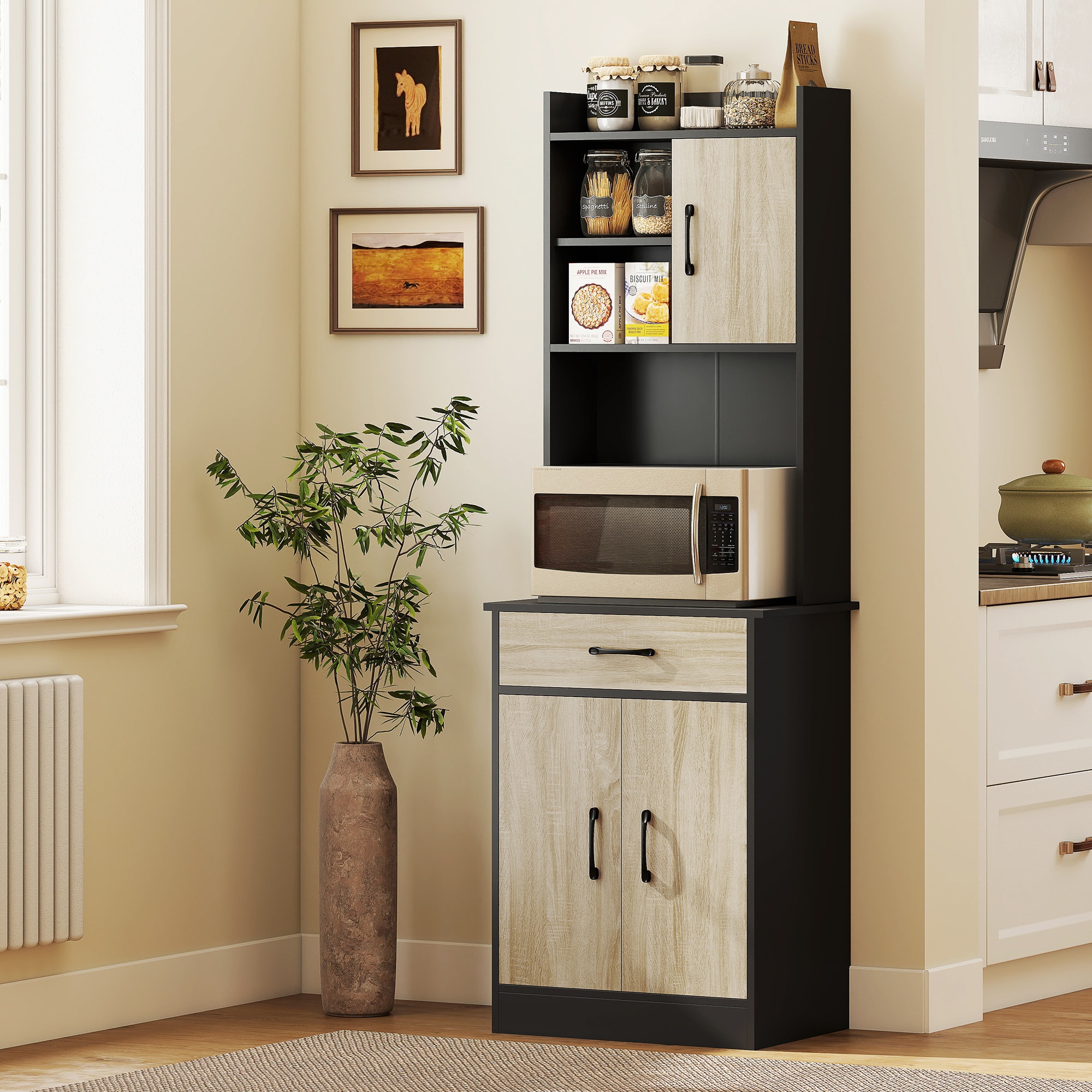 Buffet haut cuisine - 3 portes, 3 étagères, 2 niches plan de travail - dim. 60 x 40 x 180 cm - noir effet bois clair