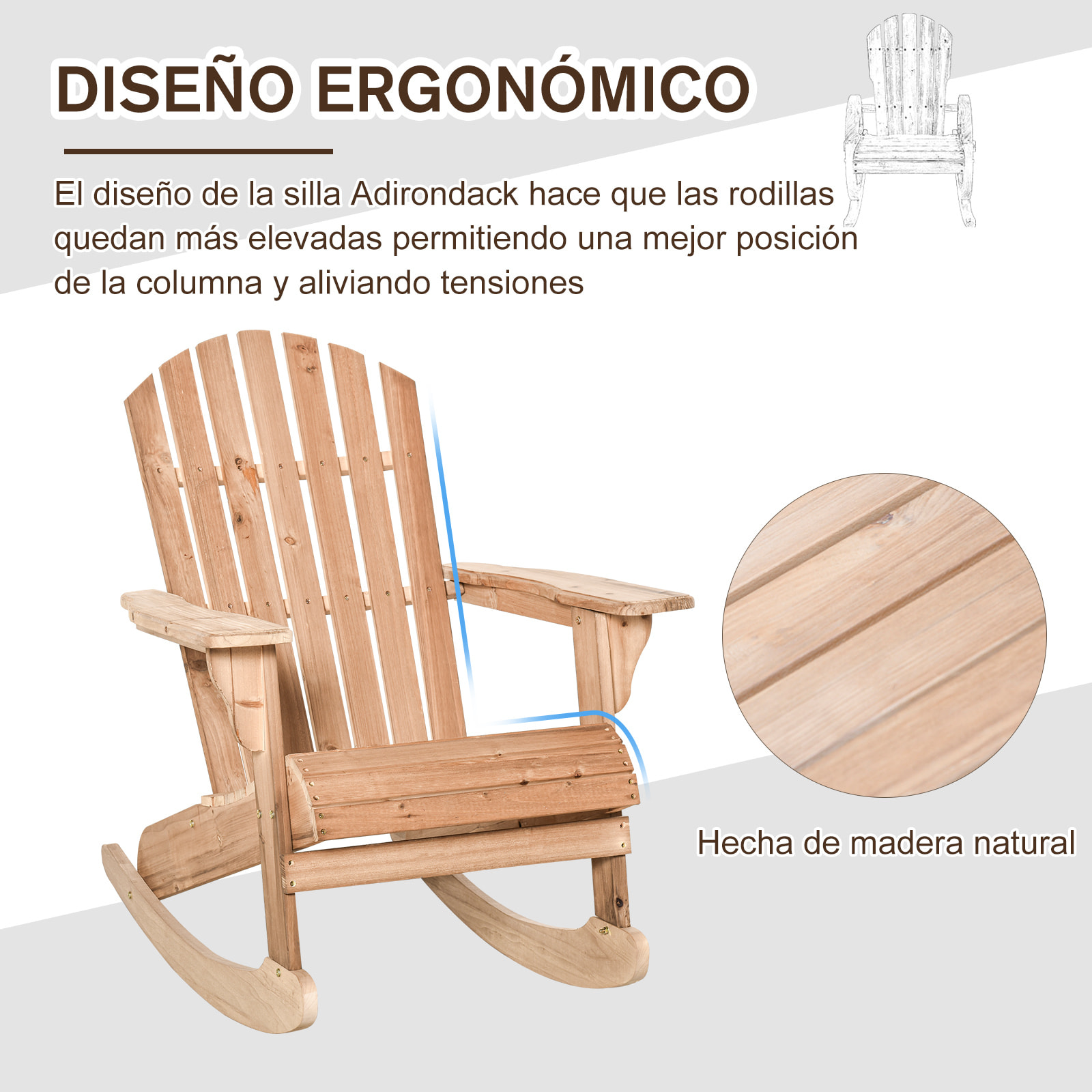 Silla de Jardín Mecedora Adirondack de Madera Natural 77x94x97cm Color Teca