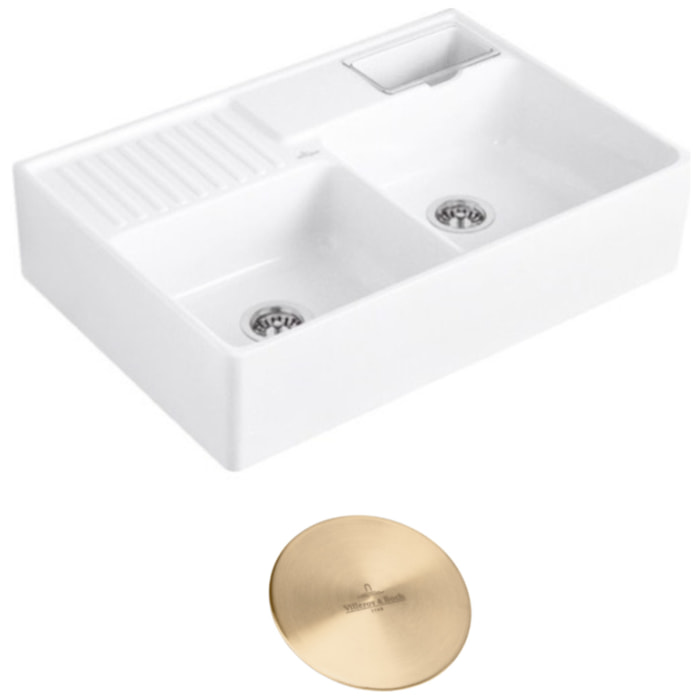 Evier timbre d'office Tradition 2 bacs 89,5 x 63 céramique vidage manuel blanc + Cache bonde or