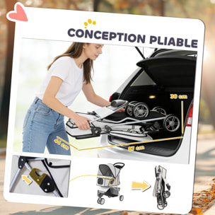 Poussette buggy pour chien chat animaux roue avant pivotante 360 degrés gris