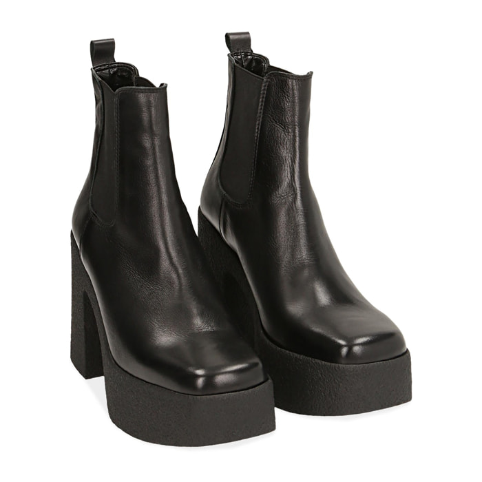 Ankle boots con plateau neri in pelle di vitello, tacco 11 cm