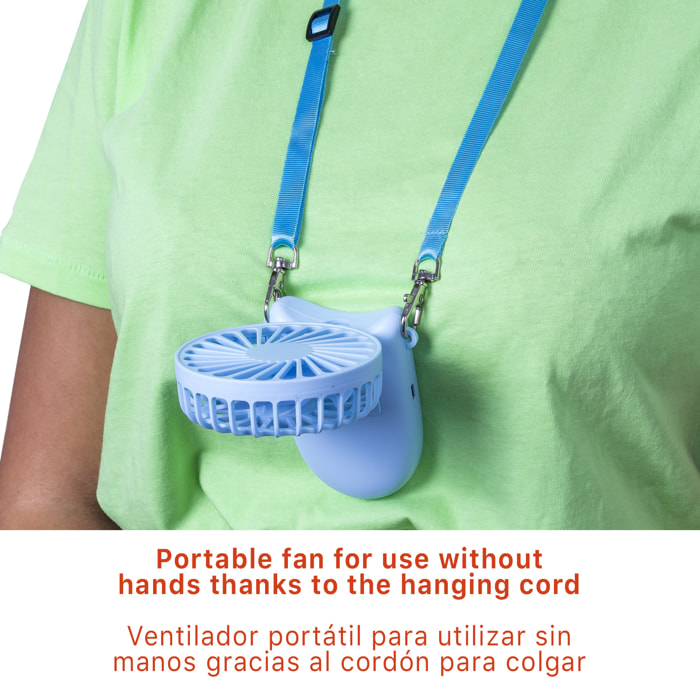 Mini ventilatore portatile con batteria ricaricabile con cordino per il trasporto appeso.