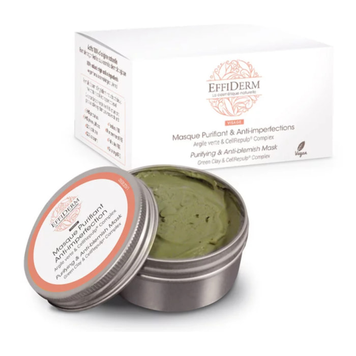 EFFIDERM - Masque Purifiant & Rééquilibrant - Nettoie et purifie la peau - Prévient la formation des impuretés - Protège et régénère la peau - 100% origine naturelle - Sans parabènes