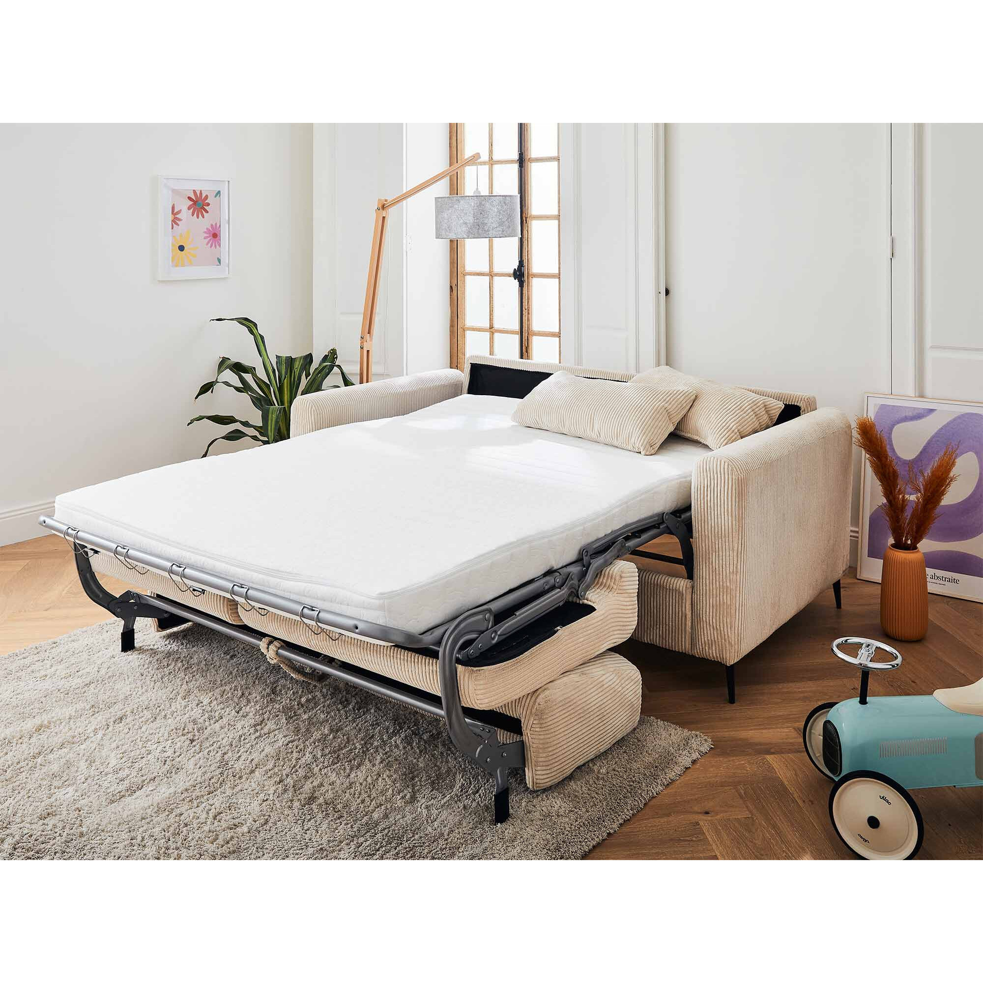 Owen - canapé lit 3 places convertible express couchage quotidien 140 cm matelas 12 cm en velours côtelé - Beige