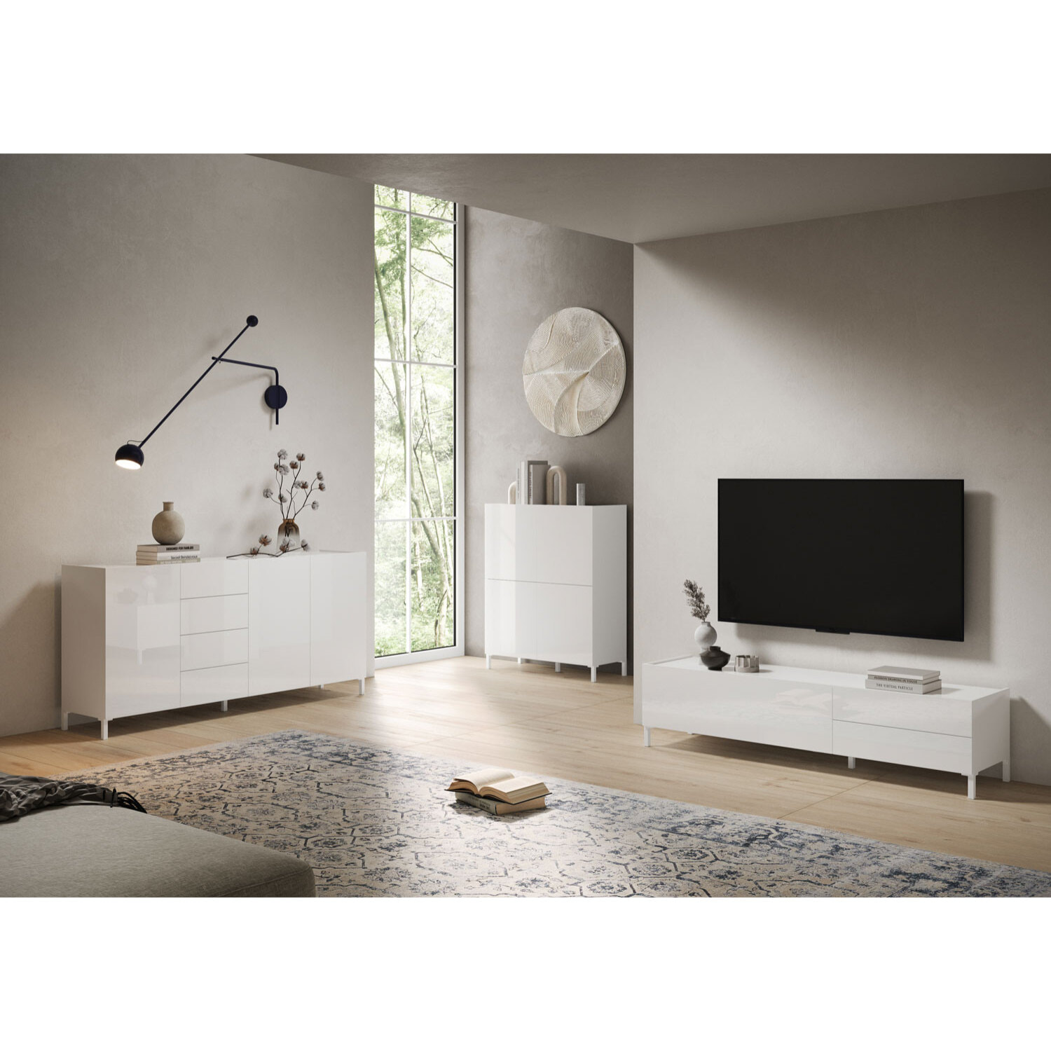 Meuble de TV 1 puerta abatible y 2 cajones 160x42x40 cm Solaria blanco brillante
