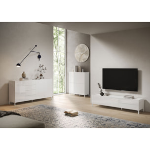 Meuble de TV 1 puerta abatible y 2 cajones 160x42x40 cm Solaria blanco brillante