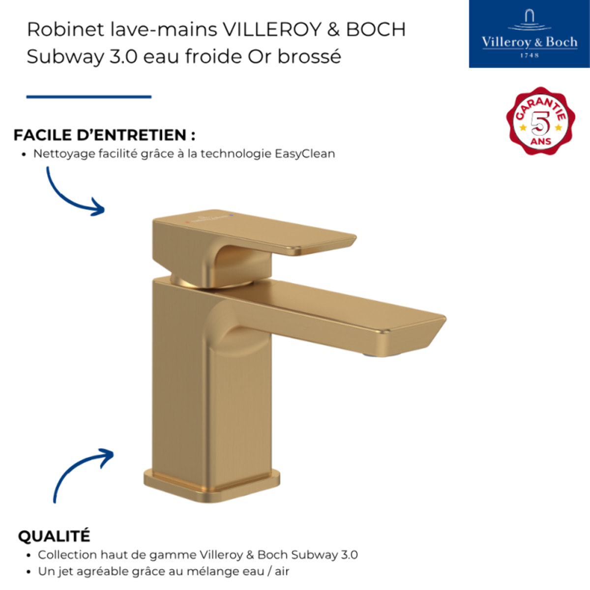 Robinet lave-mains VILLEROY & BOCH Subway 3.0 eau froide Or brossé