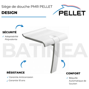 Siège de douche PMR PELLET Design escamotable blanc piètement aluminium époxy blanc