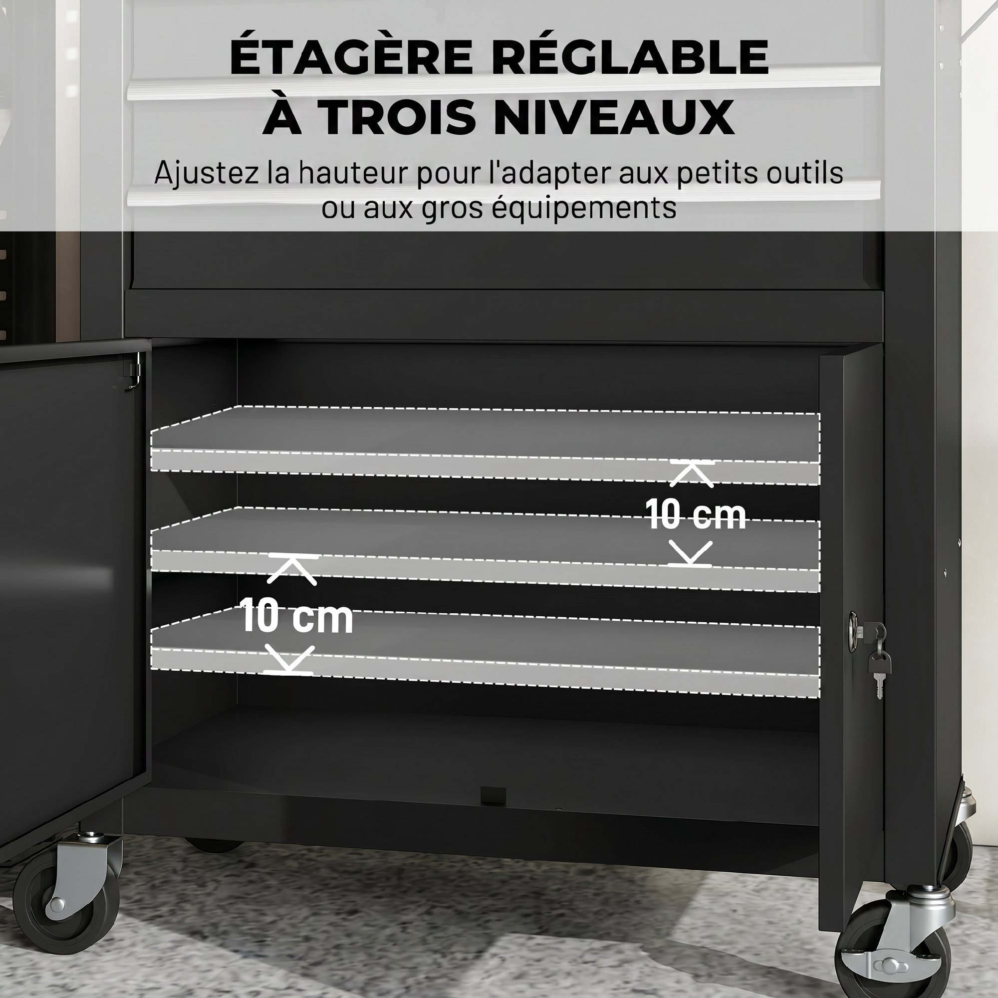Servante d'atelier acier verrouillable 3 tiroirs 2 portes panneau perforé noir