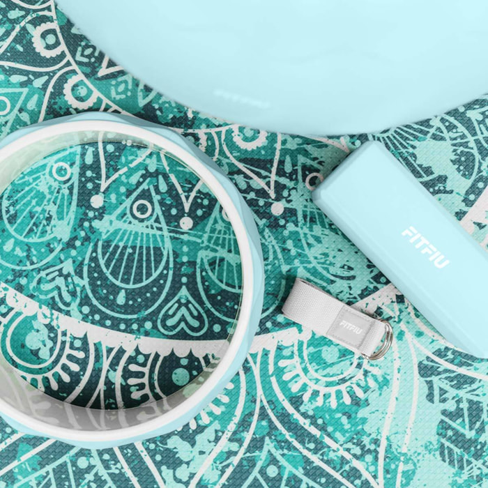 Kit de yoga et Pilates BLEU 5 accessoires tapis, bloc, ballon, roue et sangle