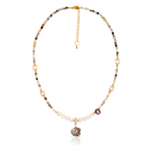 Collar barroco con colgante de perla negra, circonitas y cierre de mosquetón.