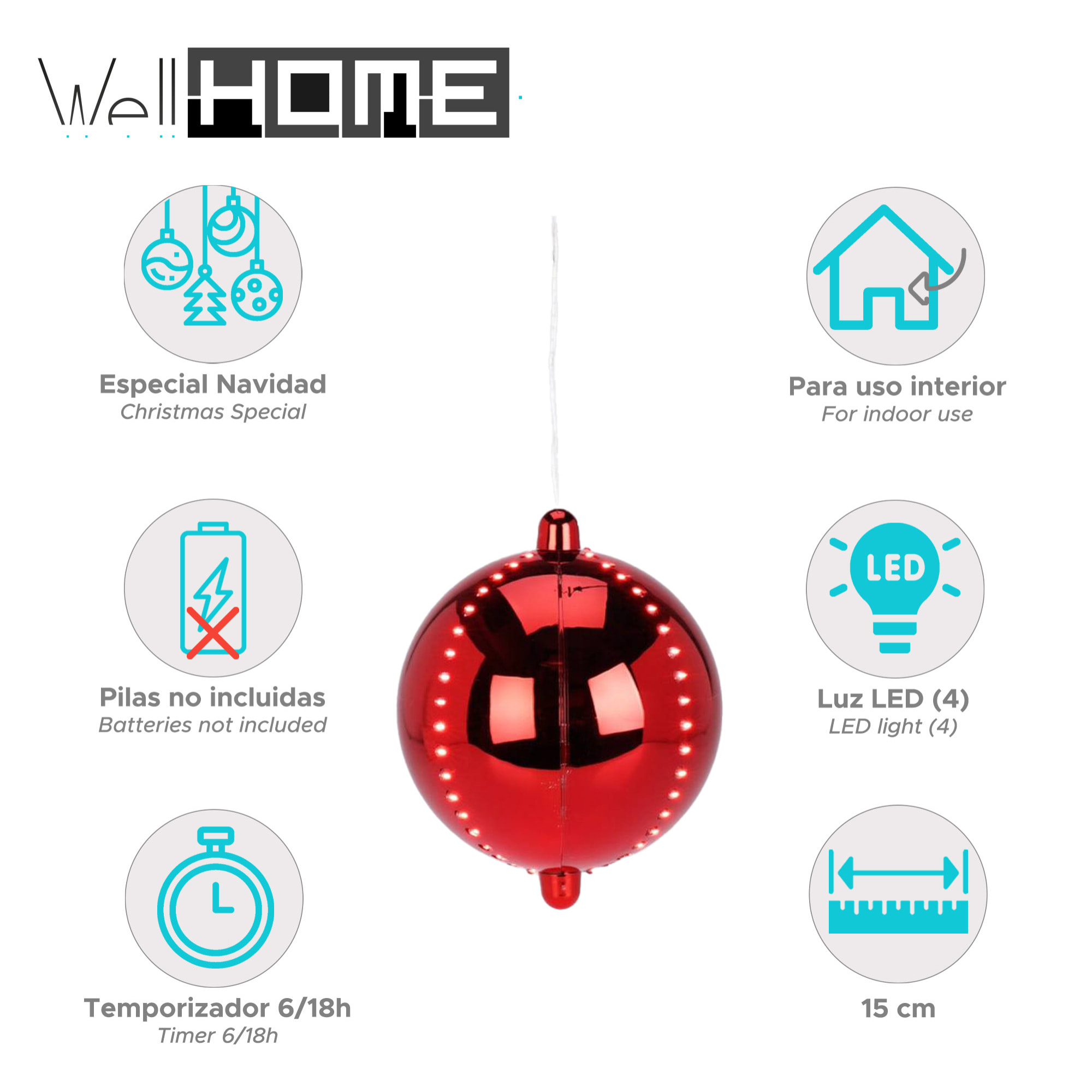 bola de navidad led con 4 tiras de luces 15cm color rojo