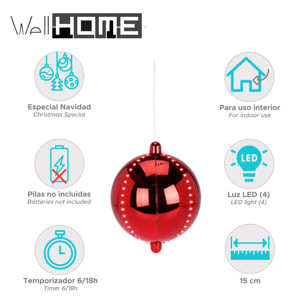 bola de navidad led con 4 tiras de luces 15cm color rojo