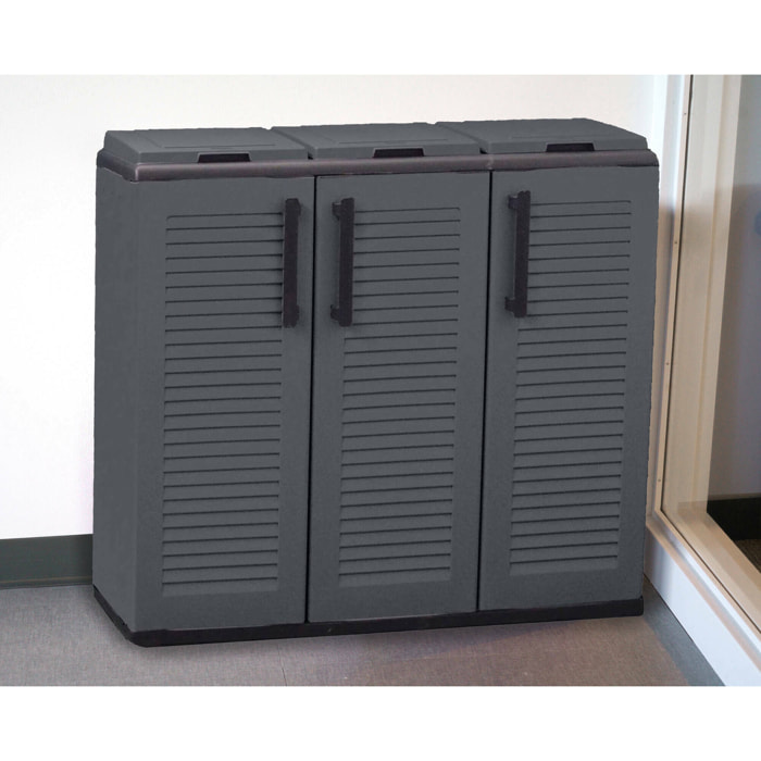 Pattumiera Arko, Cestino portarifiuti, Bidone per raccolta differenziata a 3 ante, 100% Made in Italy, 102x37h84 cm, Grigio e Nero, Finitura righe