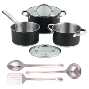 Batería de cocina 5pc ø16ø20ø24 con tapas + juego de 3 utensilios en acero inox san ignacio