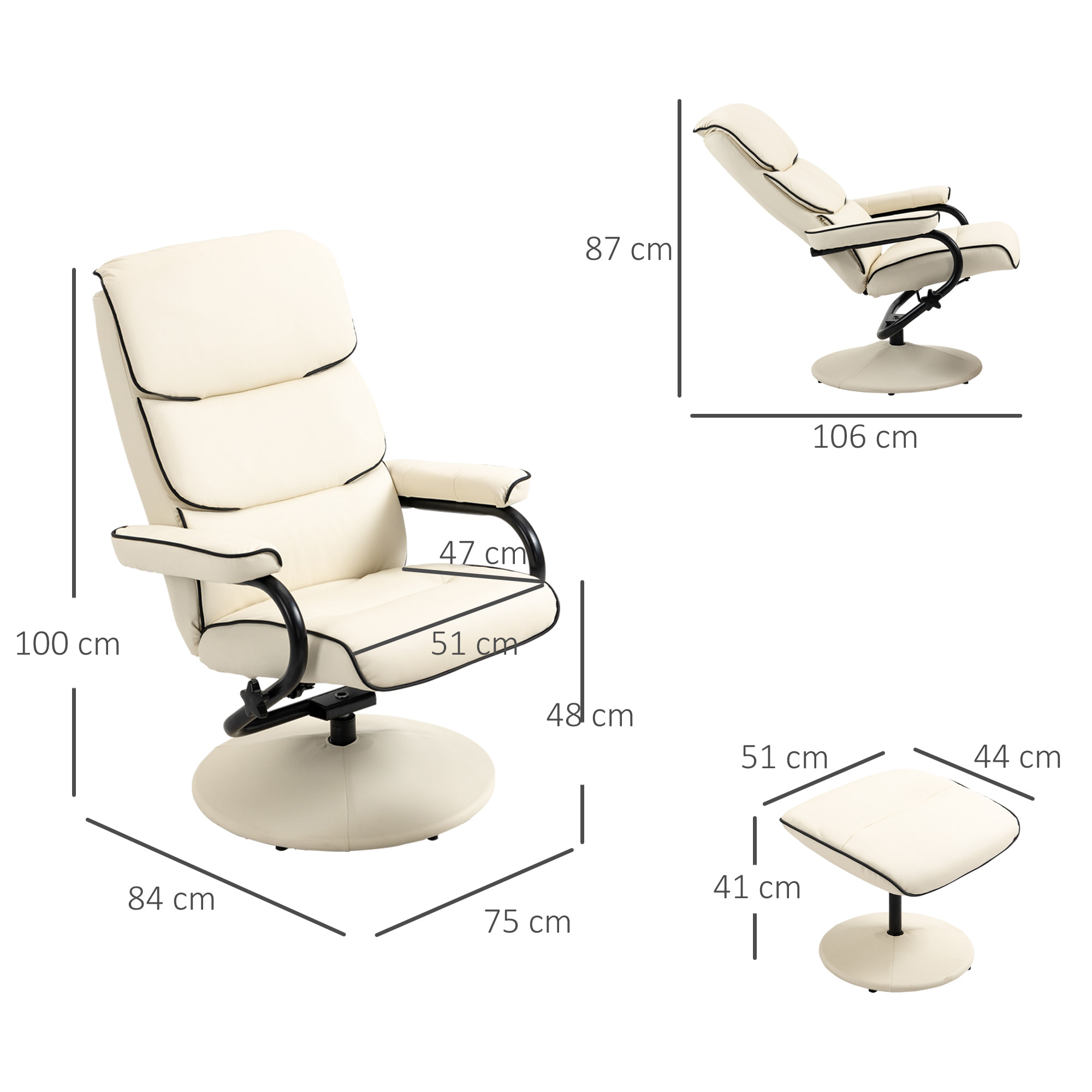 Fauteuil relax inclinable pivotant avec repose-pieds liserets noir synthétique crème