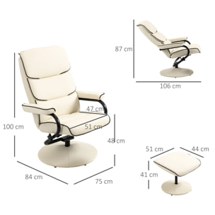 Fauteuil relax inclinable pivotant avec repose-pieds liserets noir synthétique crème