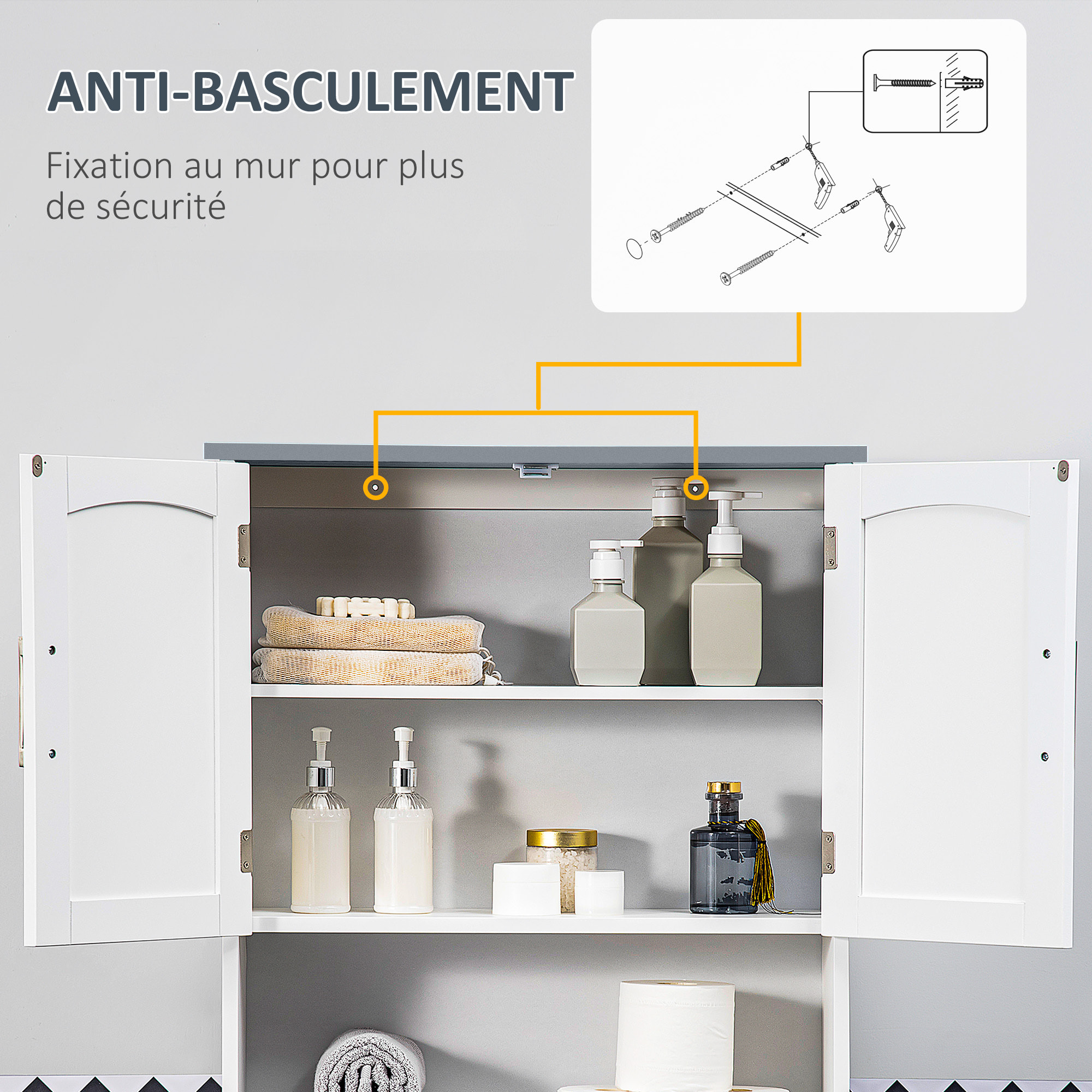 Meuble WC meuble dessus toilettes 2 portes étagère réglable niche dim. 64 x 22 x 165 cm blanc gris