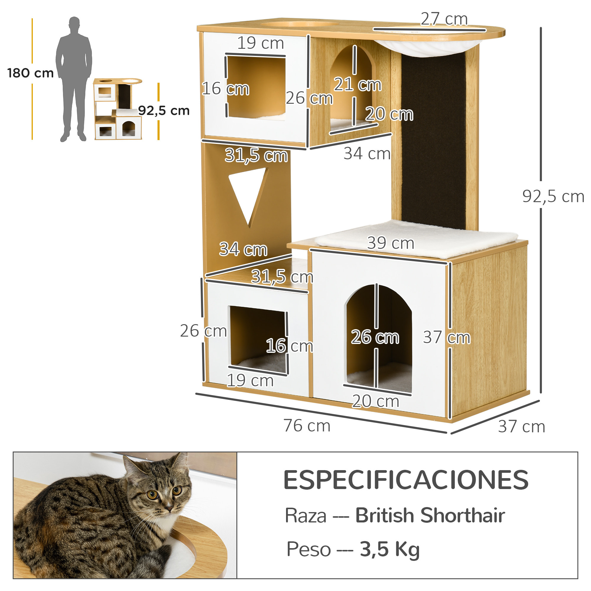 Árbol Rascador para Gatos Altura 92,5 cm Torre para Gatos con 3 Casetas de Madera Cojines Lavables Tabla de Rascador y Hamaca 76x37x92,5 cm Roble