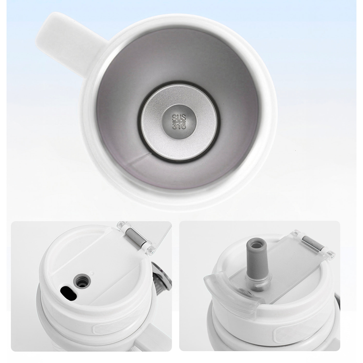 Termo MD-058 de 800 ml con sellado antifugas, filtro colador integrado y pajita incluida. Tapa con doble apertura, asa de transporte e interior de acero inoxidable.