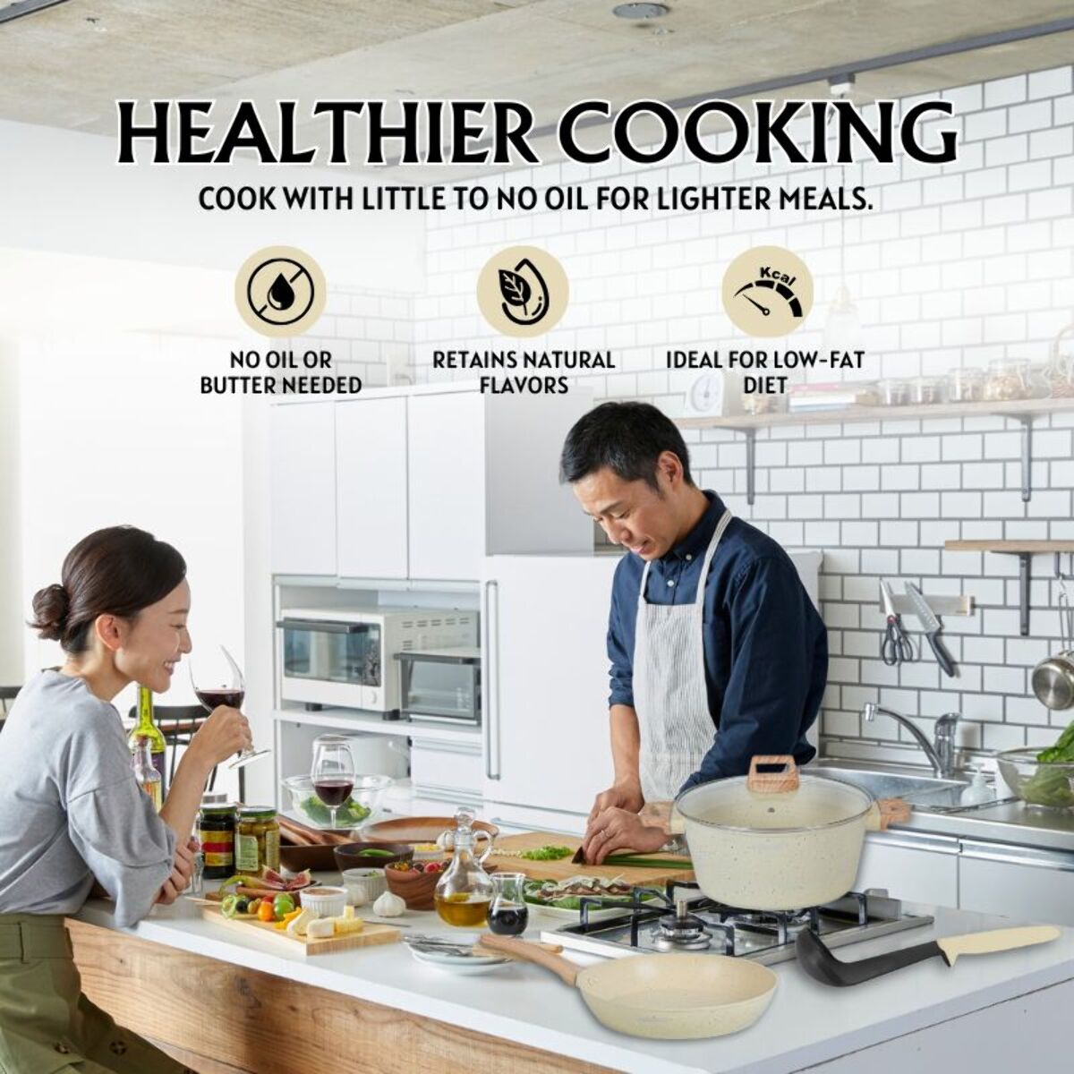 Batterie de cuisine 15 pièces avec revêtement en granit et manche en Bois Noir Herzberg beige HGWDBEJ15-BEI