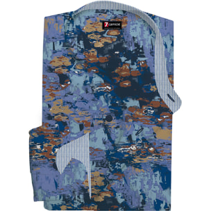 Camicia Uomo Coreano Slim Lino Stampato Blu/Celeste