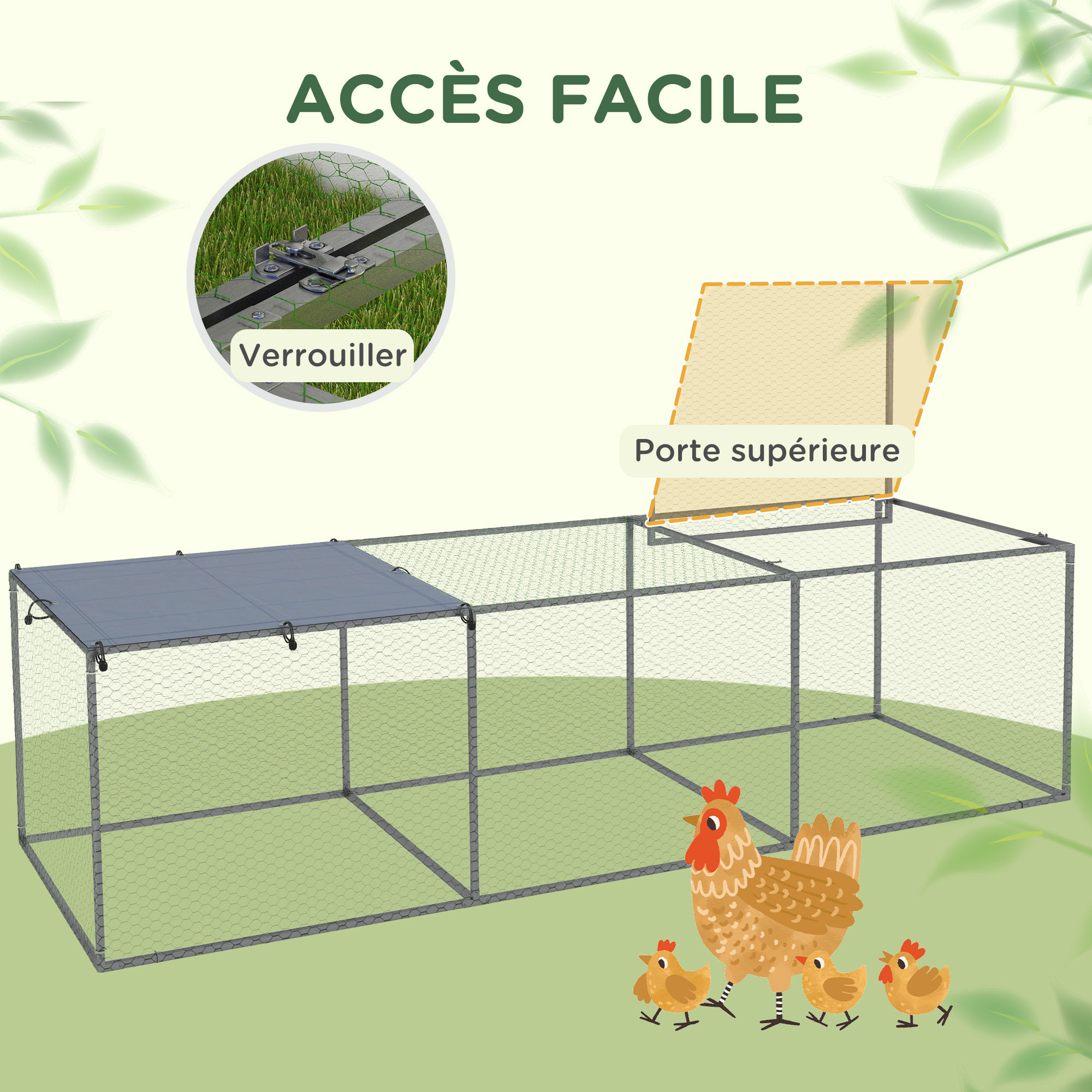 Cage parc enclos poulailler dim. 2,96L x 1l x 0,8H m - espace couvert - ouverture toit verrouillable - acier gris vert