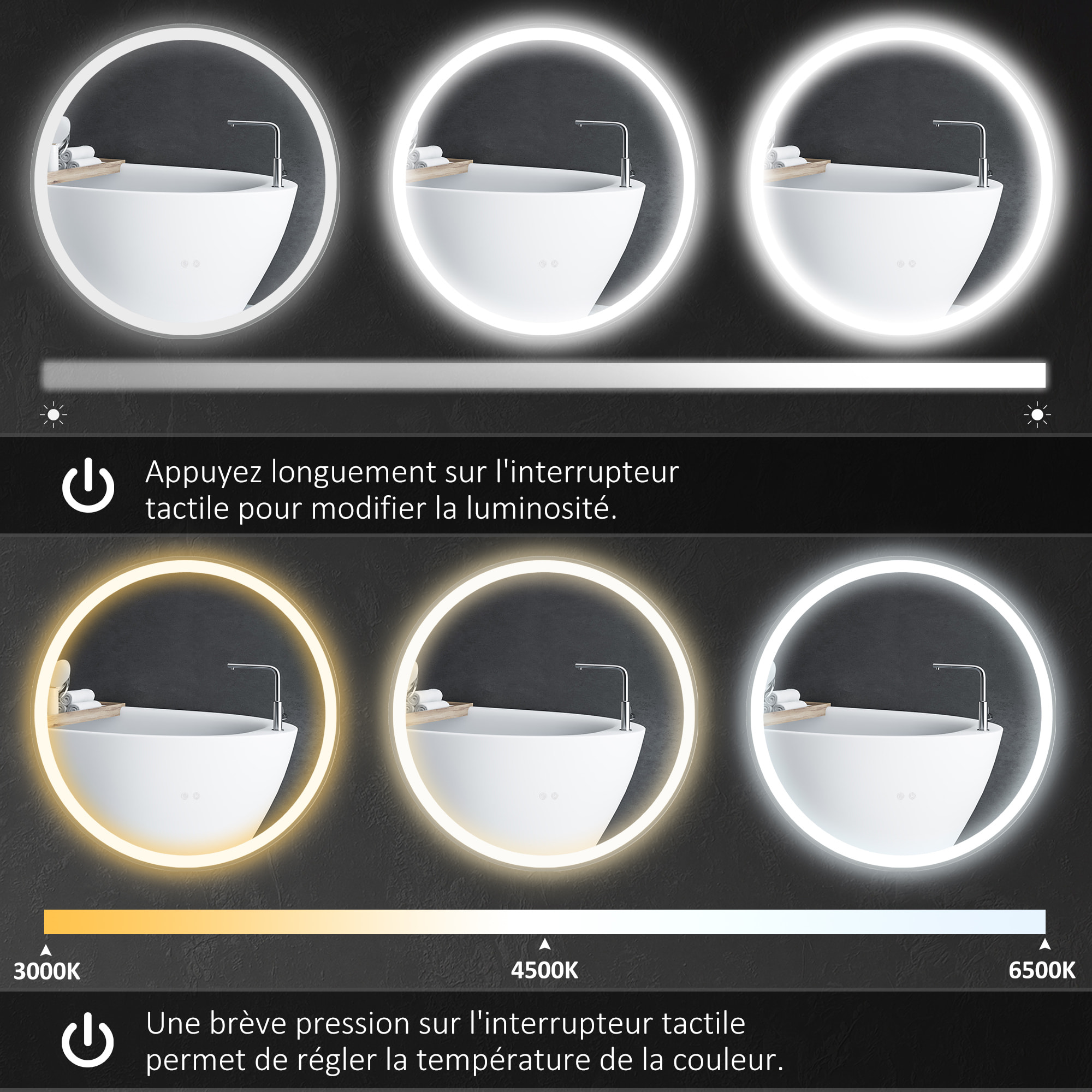 Miroir rond lumineux LED de salle de bain 23 W Ø 70 cm tactile antibuée blanc argent