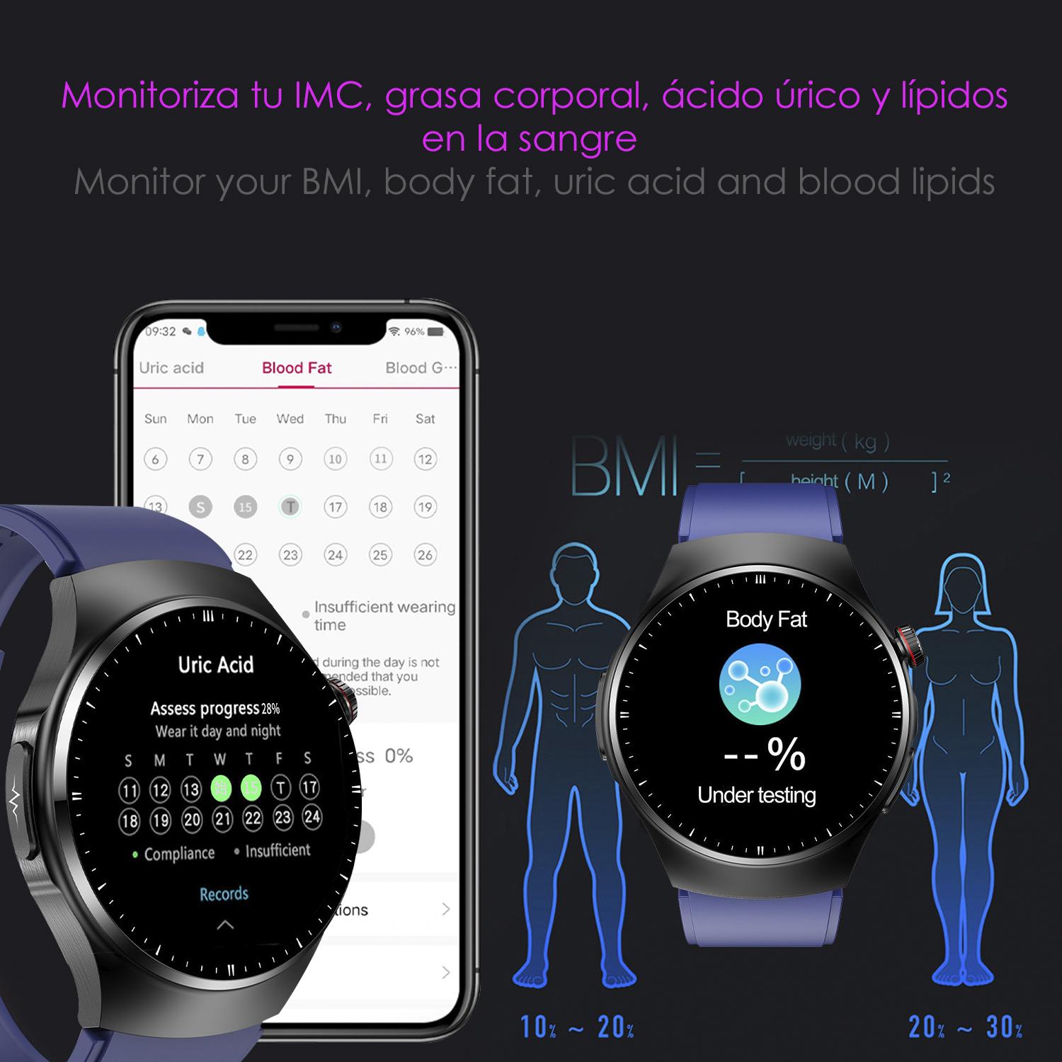 DAM Smartwatch TK25. ECG , glucosa en sangre, ácido úrico y lípidos, IMC grasa corporal, temperatura, O2 y tensión. 5,4x1,2x4,7 Cm. Color: Rojo