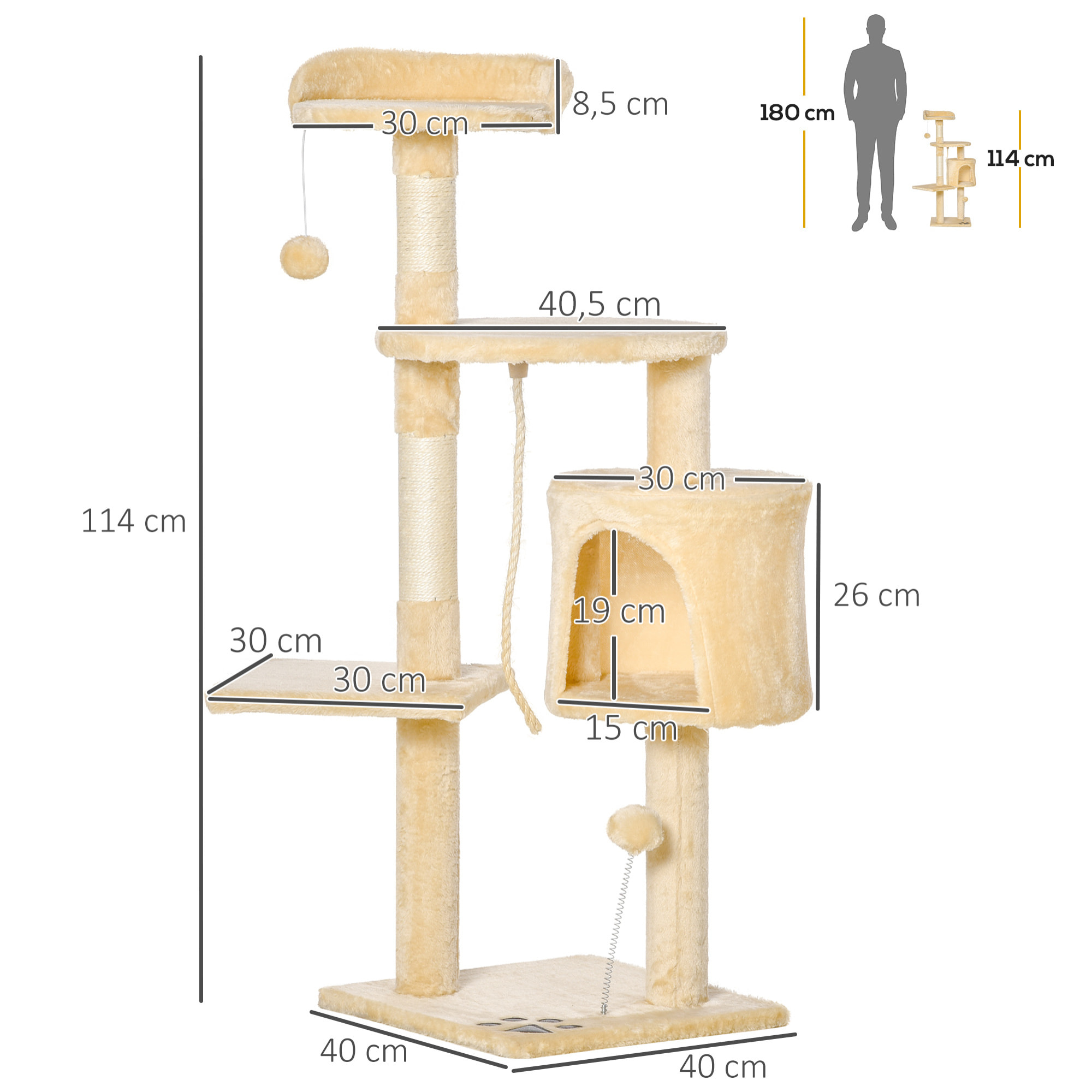 árbol para Gatos de Madera Felpa y Sisal 40x40x114cm Beige