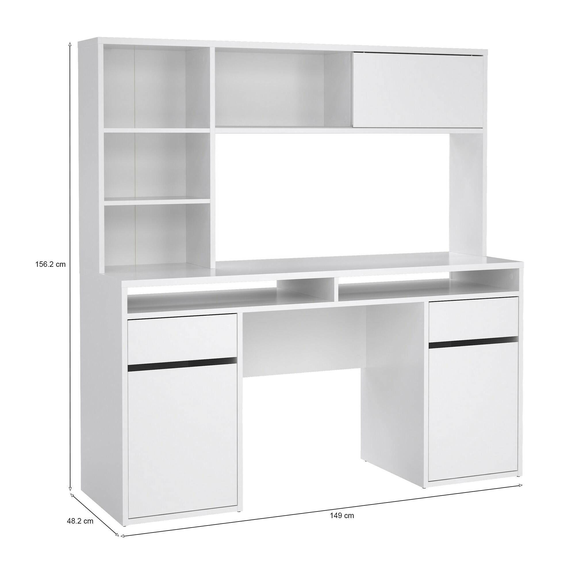 Scrivania Ambrenti, Scrittoio multiuso, Tavolo per ufficio porta PC, Piano di lavoro, 149x48 h156 cm, Bianco lucido