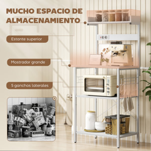 Estantería de Cocina con 2 Tomacorrientes, Estantería de Panadería Industrial con Estación de Café, Estante para Microondas, Estante Ajustable, Ganchos, 60x42x137 cm, Blanco