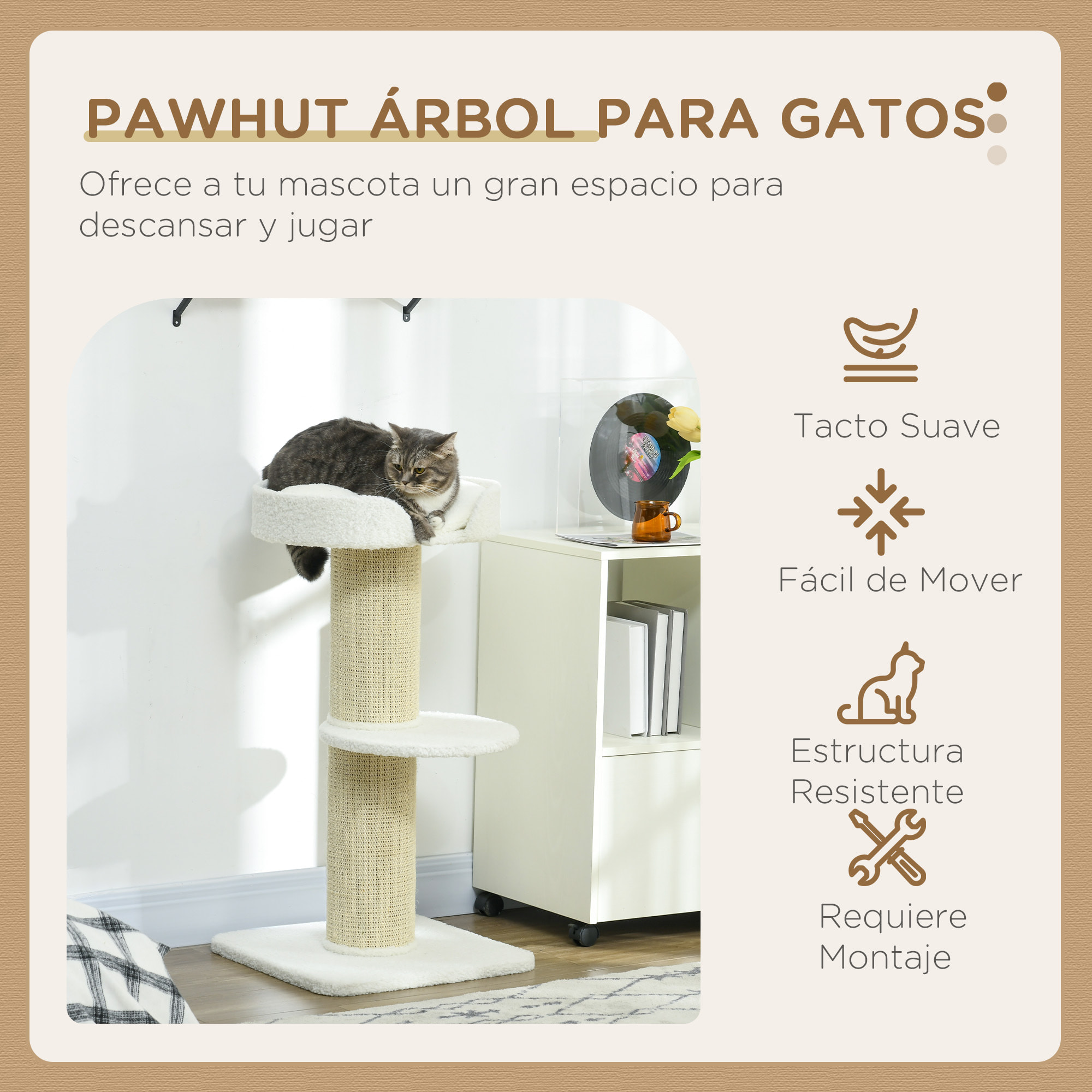 Árbol Rascador para Gatos Altura 91 cm Árbol para Gatos Torre para Gatos de 3 Niveles con Nido Plataforma y Poste de Sisal 45x45x91 cm Crema