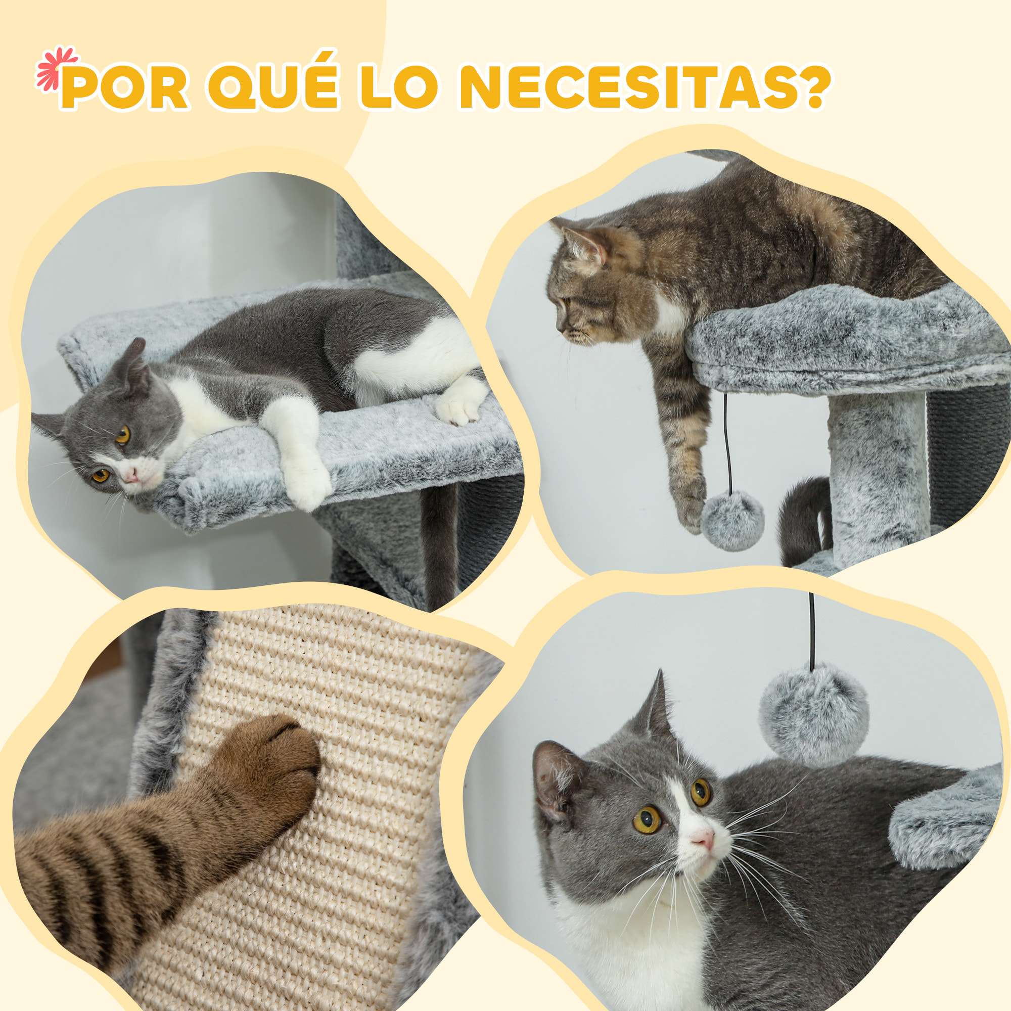 Árbol para Gatos de Suelo a Techo de 225-255 cm Árbol Rascador para Gatos con Altura Ajustable Plataformas Cueva Cama Hamaca Rampa Bolas Juguetes Gris