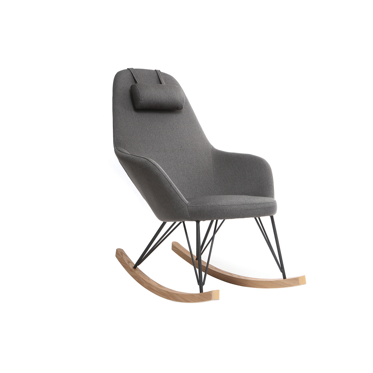 Rocking chair scandinave en tissu gris foncé, métal noir et bois clair JHENE