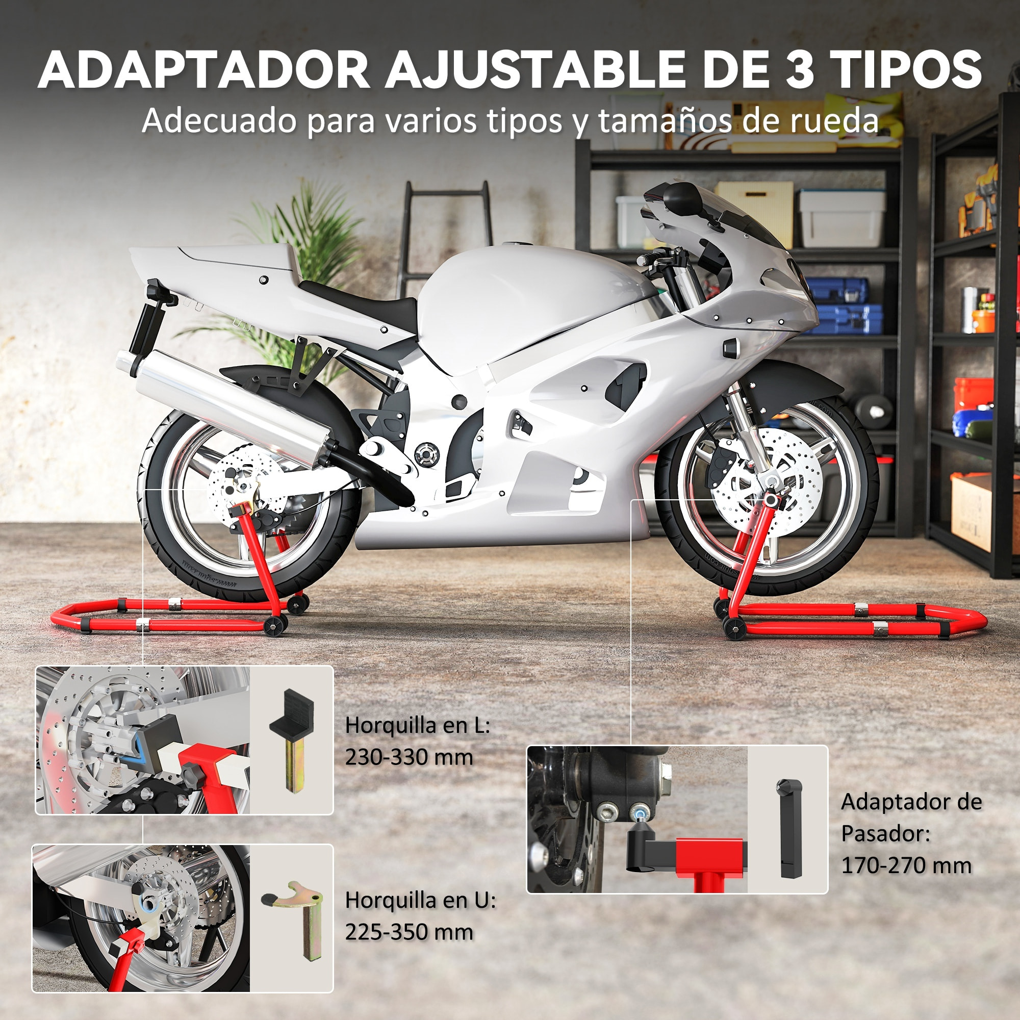 Caballete Moto Elevador Universal Carga 390 kg Soporte Rueda Delantera y Trasera Motocicleta Convertible con Adaptadores de Horquillas en U y L Ajustables y Ruedas para Reparación Mantenimiento
