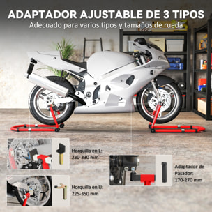 Caballete Moto Elevador Universal Carga 390 kg Soporte Rueda Delantera y Trasera Motocicleta Convertible con Adaptadores de Horquillas en U y L Ajustables y Ruedas para Reparación Mantenimiento