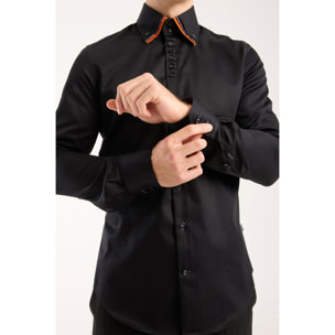 Camicia Uomo 2 Bottoni Button Down Triplo Collo Slim Satin Unito Nero