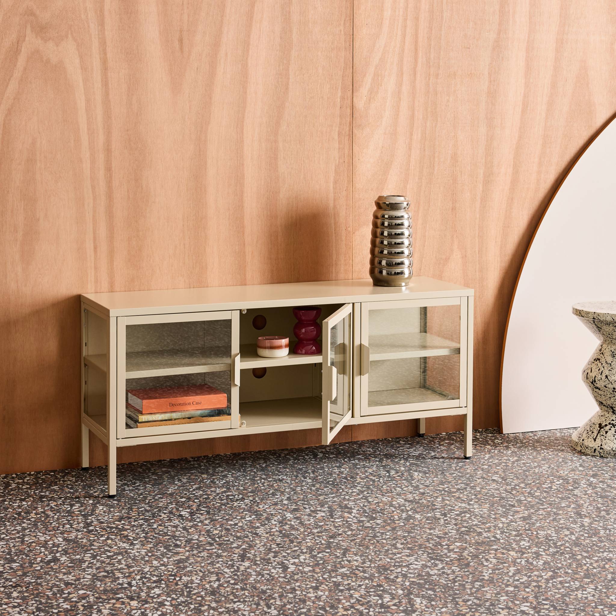 Meuble TV industriel métal et verre trempé 3 portes 120cm ARKANSAS