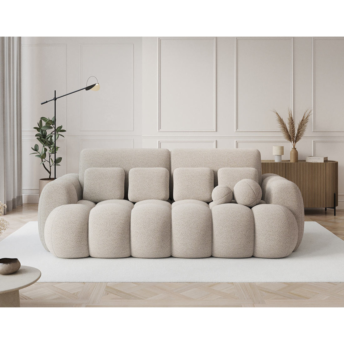 Dorian - Canapé droit 3 places bubble convertible avec coffre en tissu bouclette - Beige
