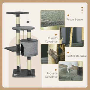 Rascador para Gatos Altura 116 cm Árbol para Gatos Torre de Escalada con Postes Rascadores de Sisal Cueva Plataformas y Juguetes Divertidos Colgantes Gris Oscuro